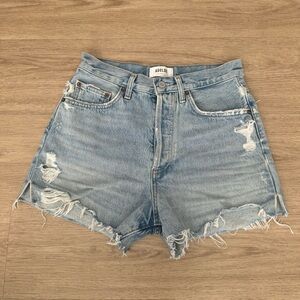 agolde medium blue high waisted rise distressed ripped denim jeans shorts bottom